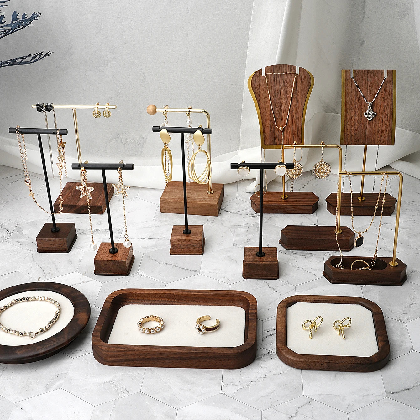 Multi - Use Jewelry Display Rack, Walnut Base Gold/Black Metal Top Rated Holder for Earrings/Necklaces, Loved by Boutique Owners