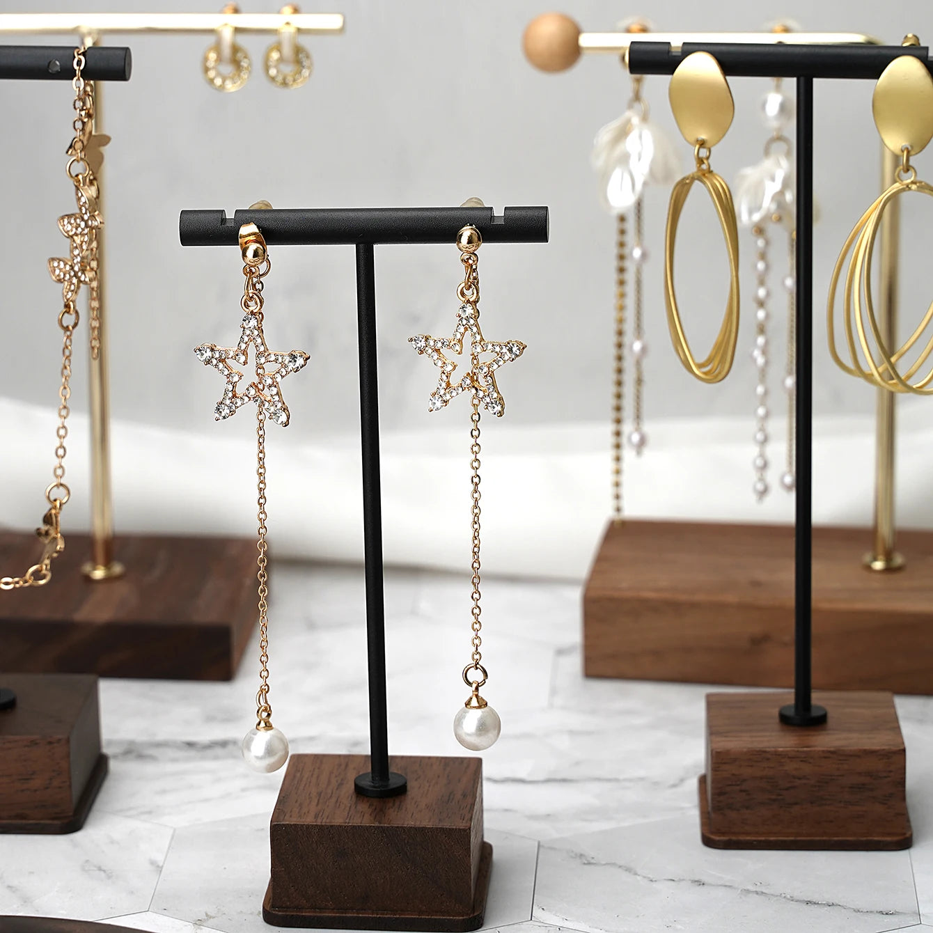 Multi - Use Jewelry Display Rack, Walnut Base Gold/Black Metal Top Rated Holder for Earrings/Necklaces, Loved by Boutique Owners