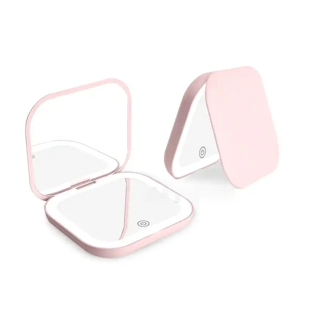 Compact, mini folding cosmetic mirror with lighting, portable, handheld, small pocket travel cosmetic mirror with a magnificatio