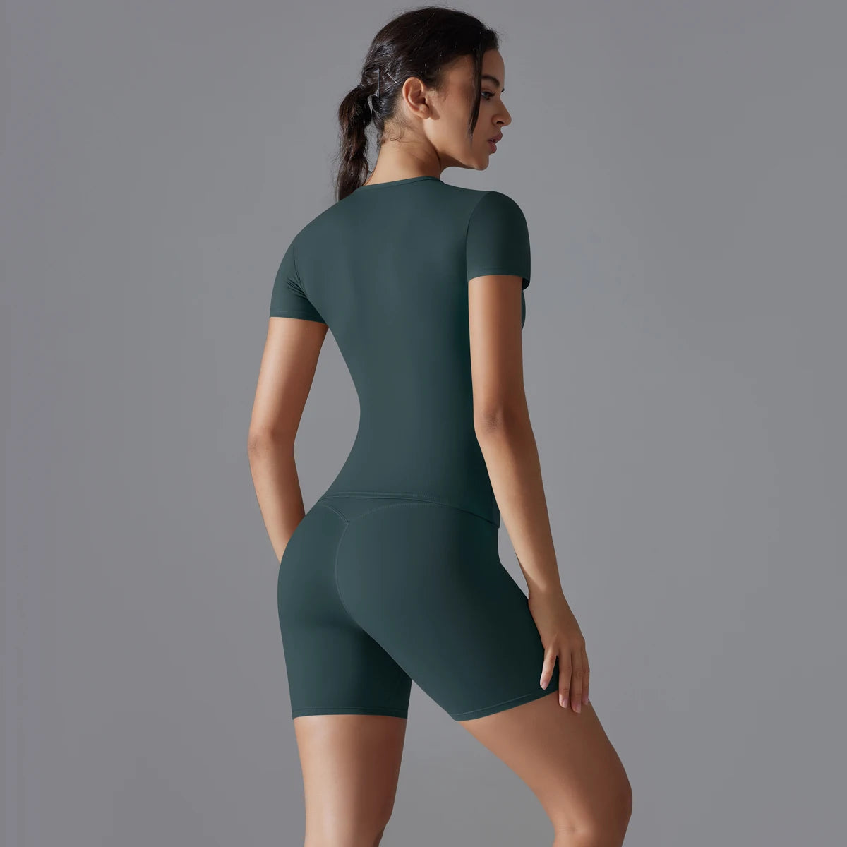 Yoga Set Women Sports Short Sleeve Top With High Waist Leggings