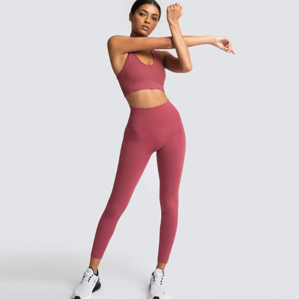 Women's Seamless Yoga Set Fitness Crop Top & Tummy Control High Waist Leggings with Built-in Bra Workout