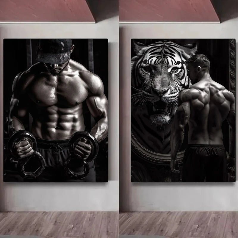 Gym Motivation Muscle Man with Tiger Bodybuilding Fitness Art Poster Canvas Painting Wall Print Picture for Home Gym Decor