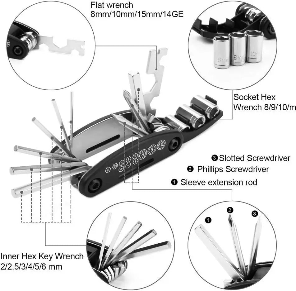 Multi Fuctional Tool 16 in 1 - Bike Tool Kit - Repair Kit for Bike, Mountainbike, E-Bike - Bicycle Mutli Set