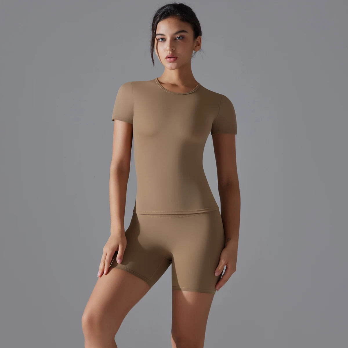 Yoga Set Women Sports Short Sleeve Top With High Waist Leggings