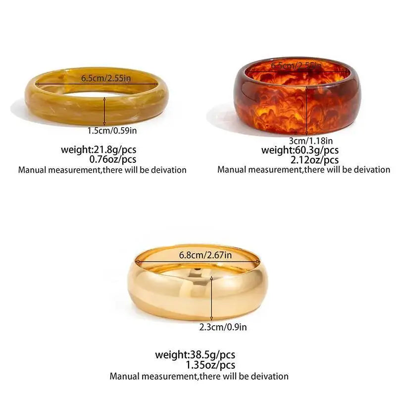Salircon 3 Styles Boho Wide Chunky Round Acrylic Resin Bangles Women Hip Hop Geometric Metal Bracelets Stackable Charms Jewelry