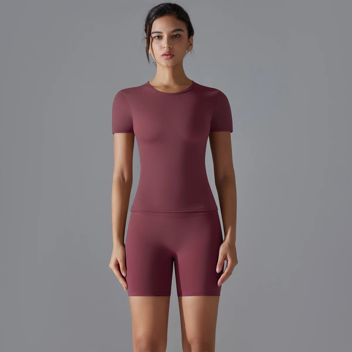 Yoga Set Women Sports Short Sleeve Top With High Waist Leggings