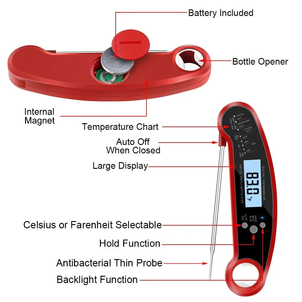 Multifuction Digital Thermometer with Foldable Probe for Cooking Food and Meat Waterproof & Instant Read for Kitchen Baking BBQ、