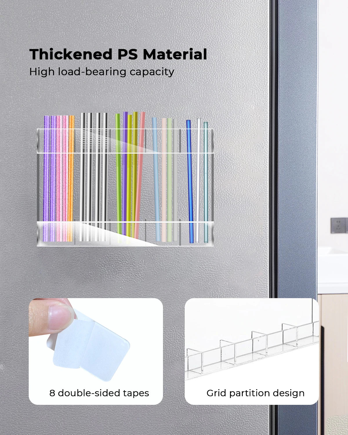 Reusable Straw Holder, Kitchen Countertop Storage Rack with Strong Double-Sided Tape, Suitable for Countertops, Cabinets (Clear)