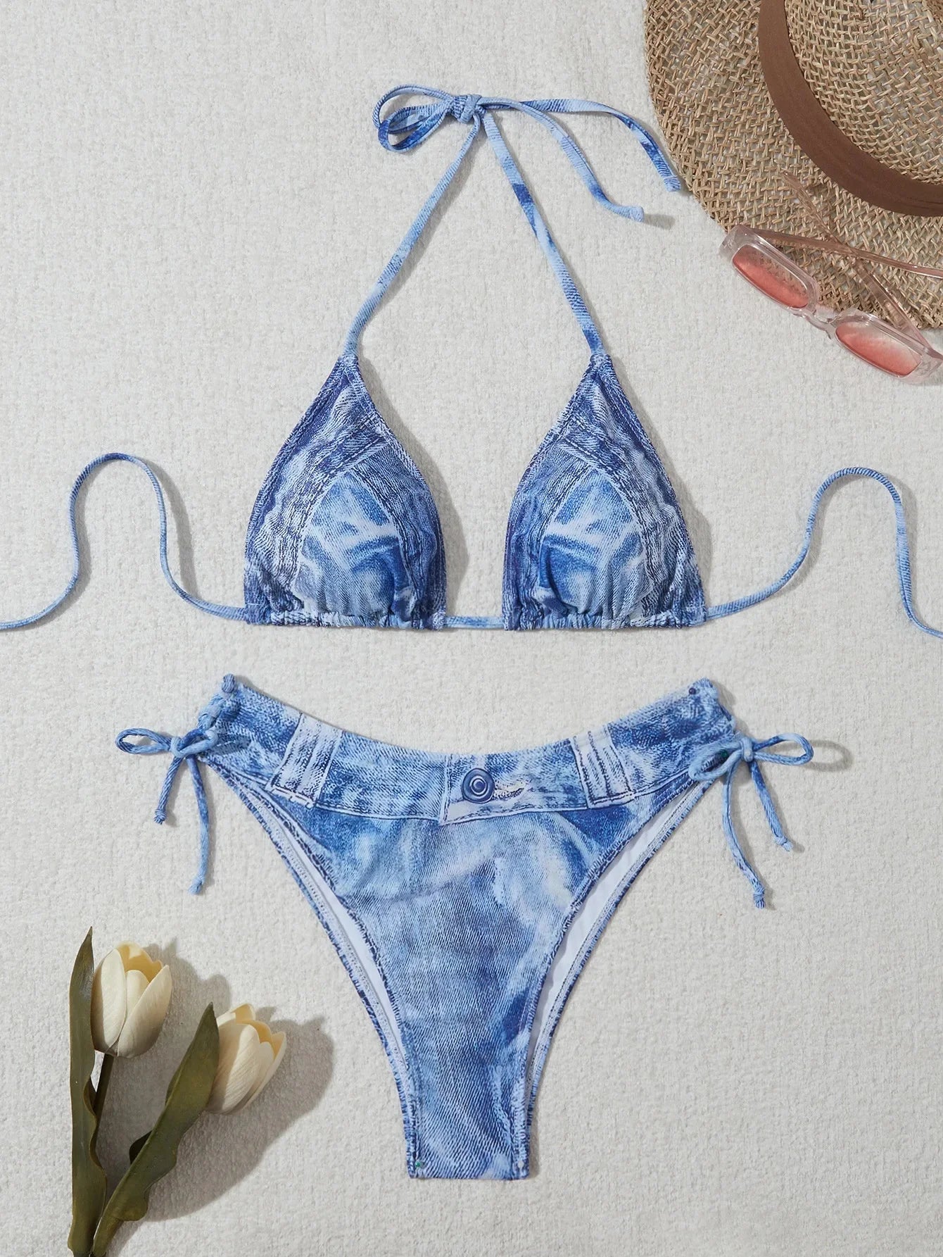 Sexy High Waist Triangle Pant Bikini Set Women's Two-Piece Swimsuit Denim Print Separate Swimwear Cross-Border Clothing