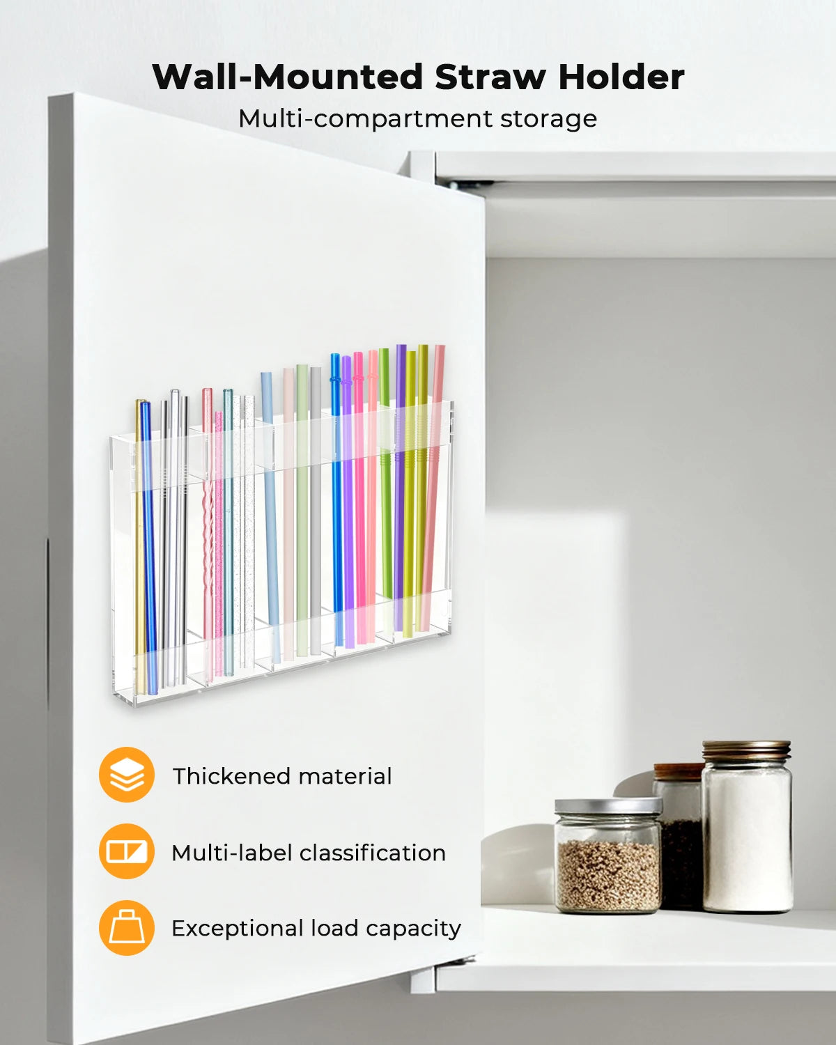Reusable Straw Holder, Kitchen Countertop Storage Rack with Strong Double-Sided Tape, Suitable for Countertops, Cabinets (Clear)