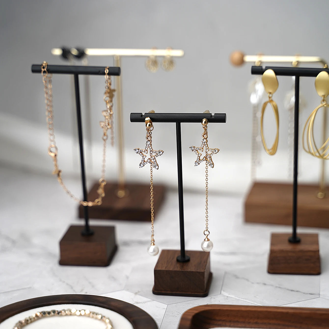 Multi - Use Jewelry Display Rack, Walnut Base Gold/Black Metal Top Rated Holder for Earrings/Necklaces, Loved by Boutique Owners