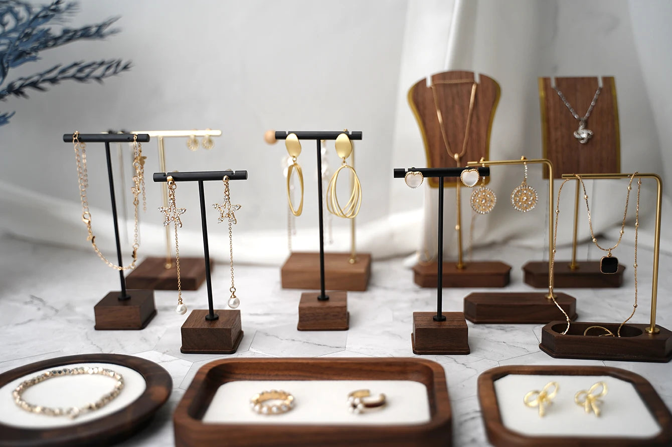Multi - Use Jewelry Display Rack, Walnut Base Gold/Black Metal Top Rated Holder for Earrings/Necklaces, Loved by Boutique Owners