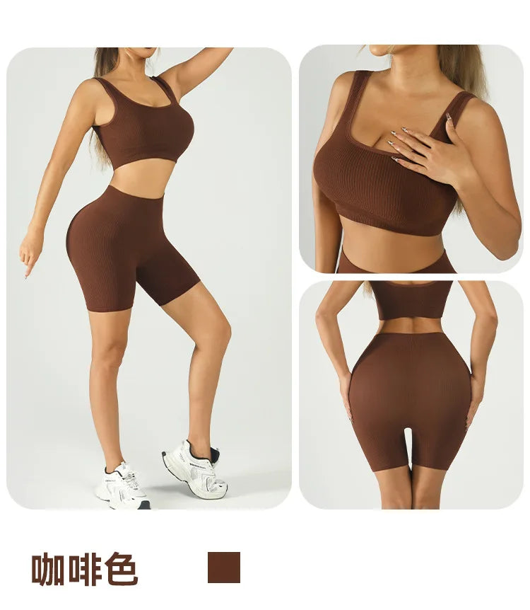 Women Seamless Yoga Set High Waist Biker Shorts Sports Bra Workout Outfit Summer