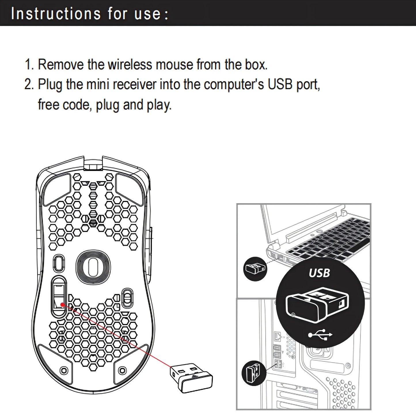 Wireless Mouse 2.4G with Built-in Rechargeable Battery, RGB Lighting, Honeycomb Design, Plug-and-Play USB