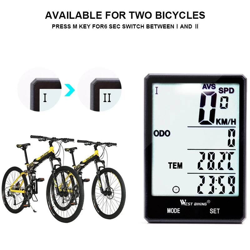 WEST BIKING Bike Compuer Stopwatch IPX6 Waterproof 2.8In Cycling Speedometer Wireless Multifuction 2 Backlight Modes Odometer