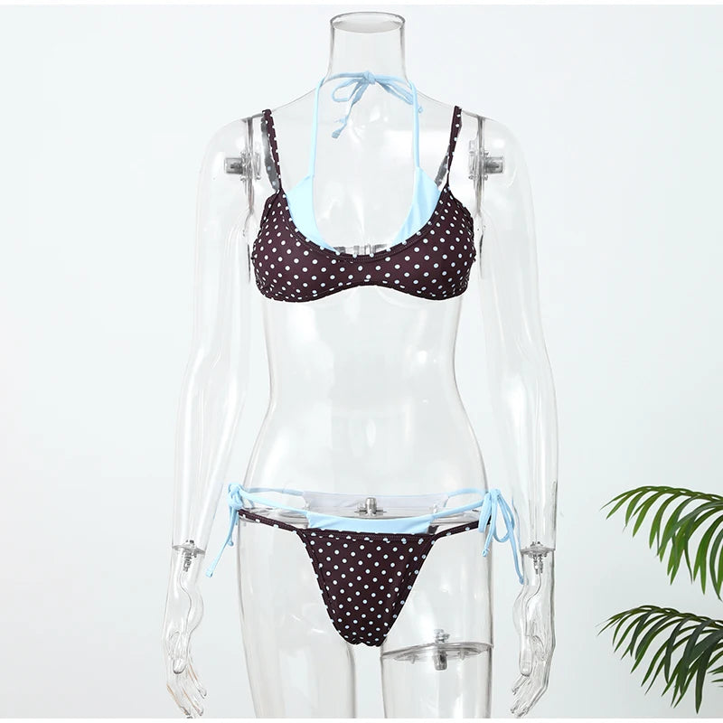 Polka Dot Bikini 2 Piece Set Women Sexy Sleeveless Lace Up Cropped Sling Vest Suit 2026 Lady Summer Chic Holiday Beach Swimsuit