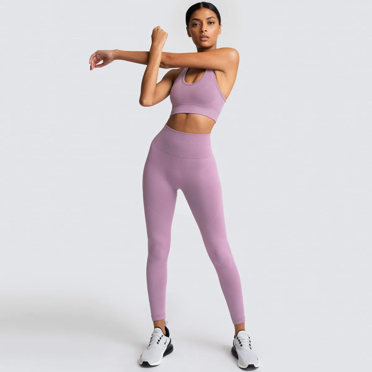 Women's Seamless Yoga Set Fitness Crop Top & Tummy Control High Waist Leggings with Built-in Bra Workout