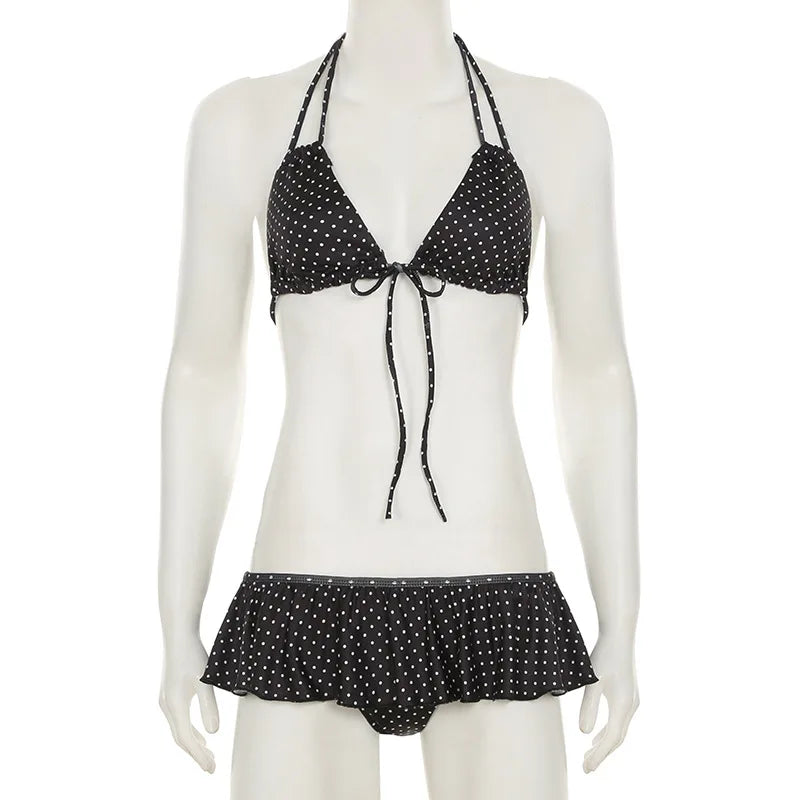 2025 Summer Vacation Beach 2 Piece Set Women Sexy Polka Dots Print Lace Up Halter Bra + Ruffles Micro Mini Skirts Swimsuit