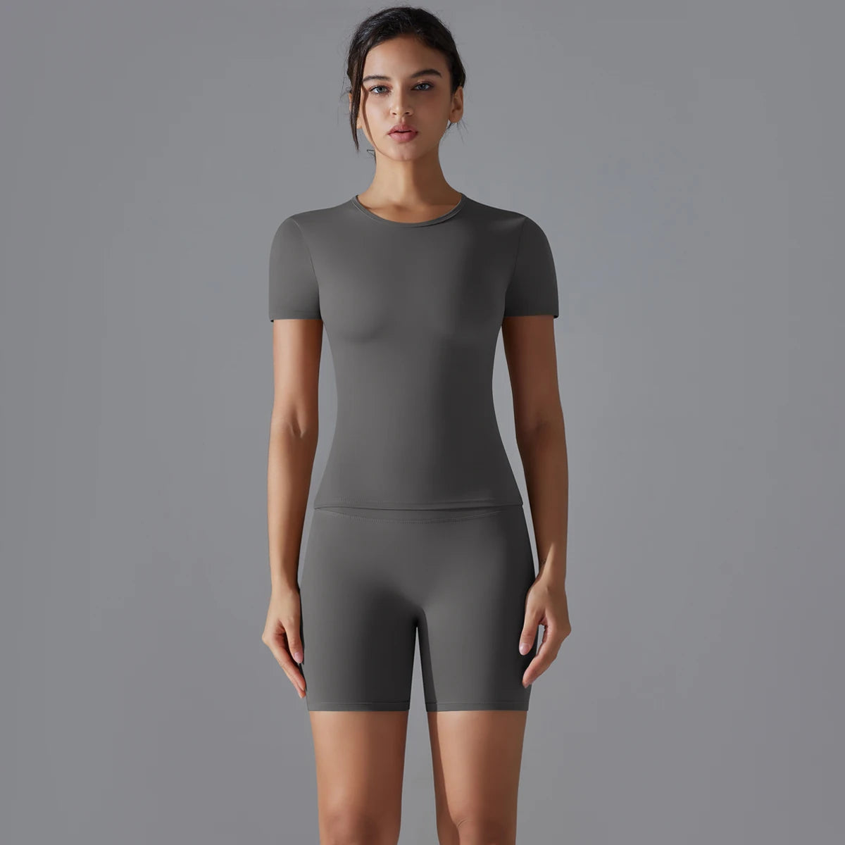 Yoga Set Women Sports Short Sleeve Top With High Waist Leggings