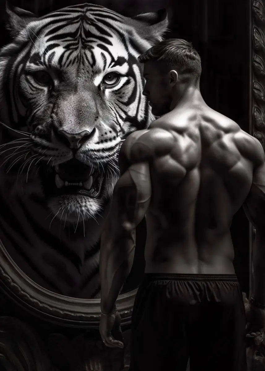 Gym Motivation Muscle Man with Tiger Bodybuilding Fitness Art Poster Canvas Painting Wall Print Picture for Home Gym Decor