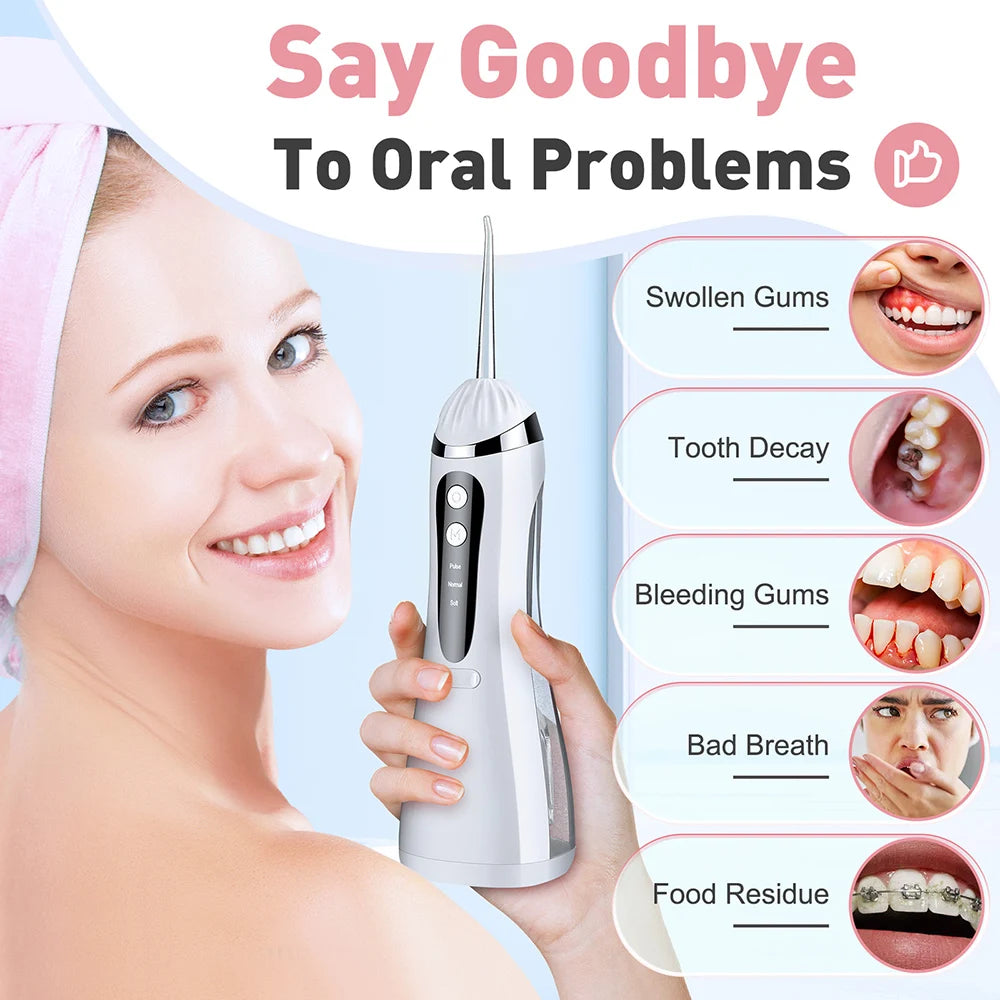 Cordless Oral Irrigator Portable 3 Cleaning Modes Waterproof  Dental Cleaner with 4 Nozzles for Gum Cleaning Dental Floss Device
