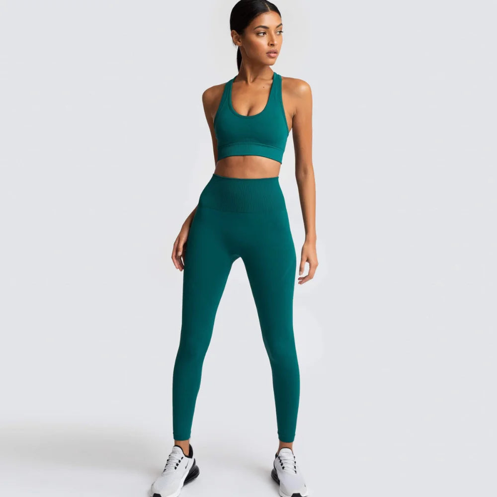 Women's Seamless Yoga Set Fitness Crop Top & Tummy Control High Waist Leggings with Built-in Bra Workout