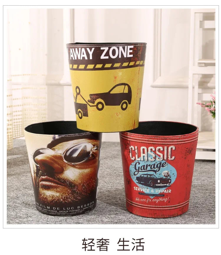 European Leather Trash Can Household Large British Style Storage Bucket Lidless Waste Paper Basket Household Items