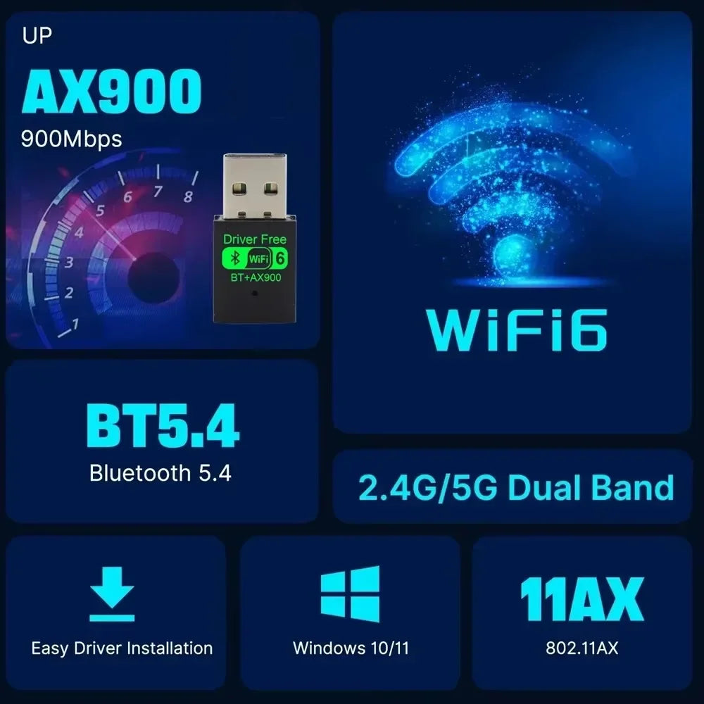 Wifi 6 Mini USB Dongle Network Card BT 5.4 Receiver Dongle AX900 For Win 10/11 PC Dual Band 2.4G/5Ghz
