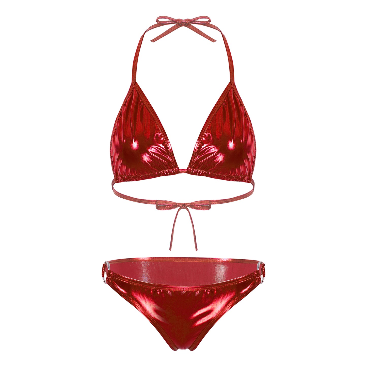Womens Metallic Shiny Bikini Swimwear Pool Party Swimming Bathing Suit Halter Lace-up Bra with O Ring Briefs Bikini Swimsuit