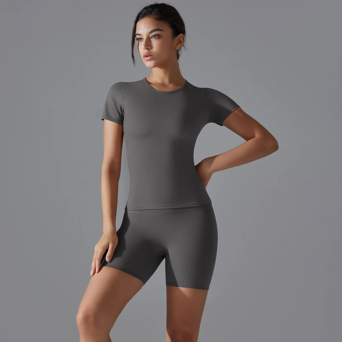 Yoga Set Women Sports Short Sleeve Top With High Waist Leggings