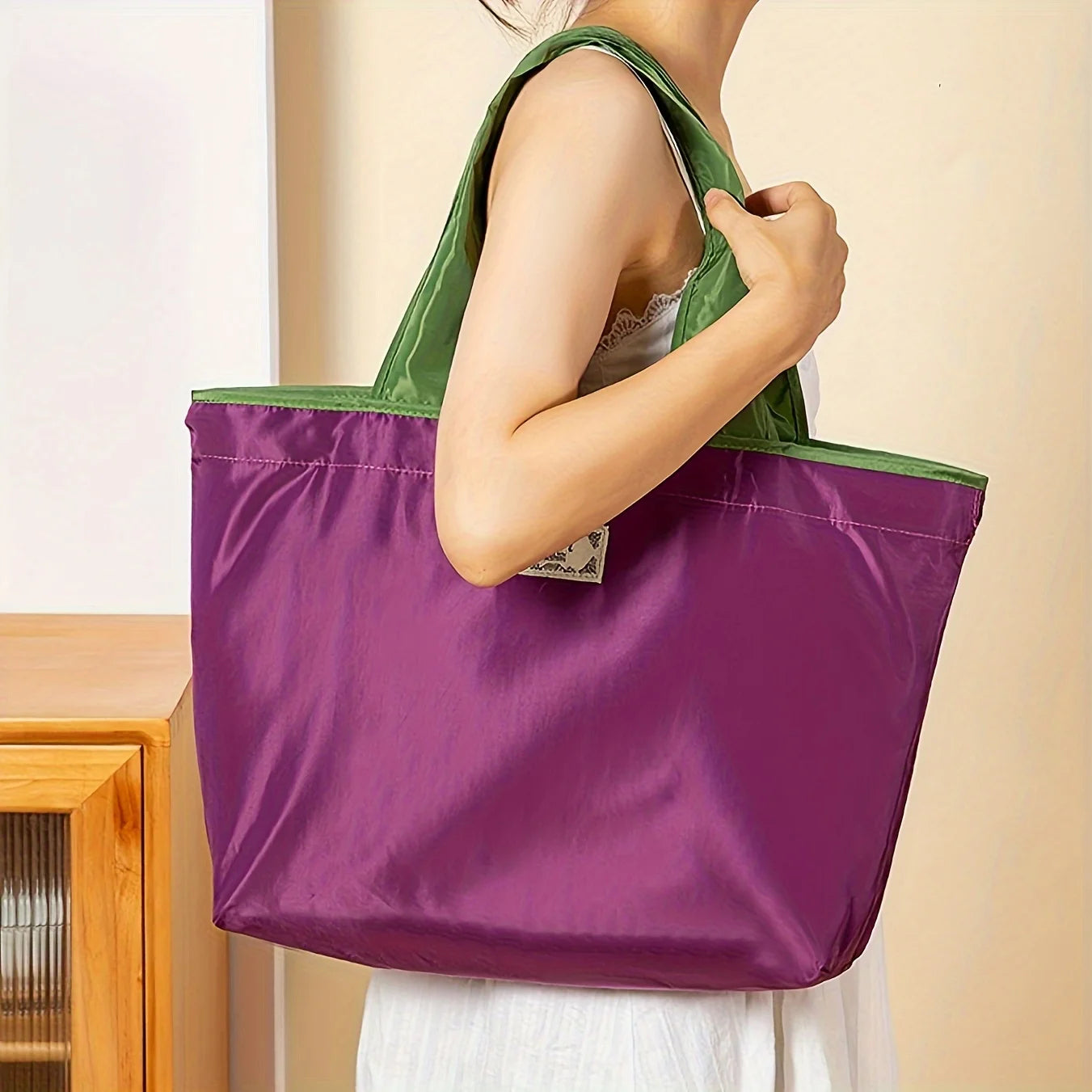 1-Pack Reusable Shopping Bag, Large Capacity Foldable Drawstring Eco-friendly Storage Bag, Casual Shopping Shoulder Bag