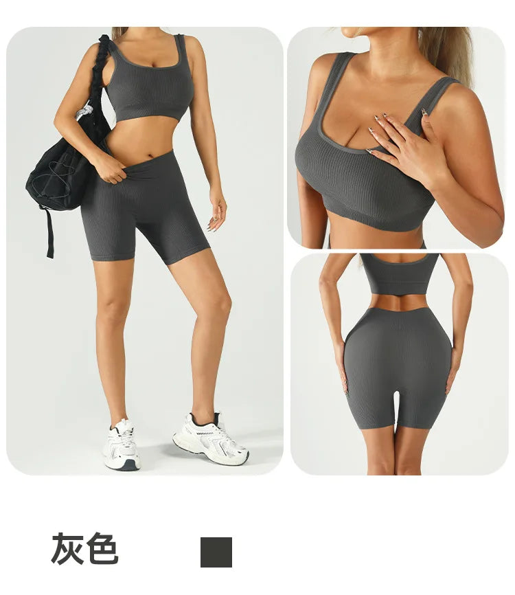 Women Seamless Yoga Set High Waist Biker Shorts Sports Bra Workout Outfit Summer