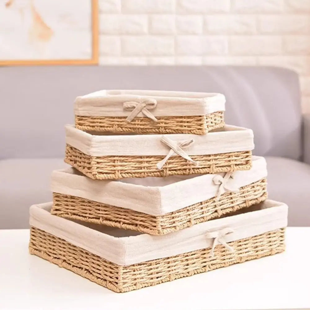 Rectangular Handmade Rattan Storage Baskets French Style Bow Weaving Storage Tray Reusable Bohemian Style Cosmetics Storage Box