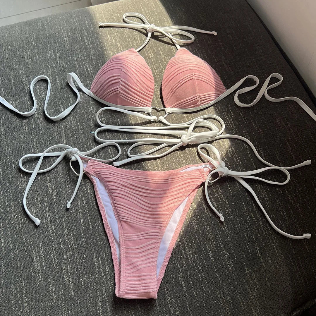 New Wrap Around Halter Wrinkled Bikini Women Swimwear Female Swimsuit Two-pieces Bikini set Bather Bathing Suit Swim Lady V4081