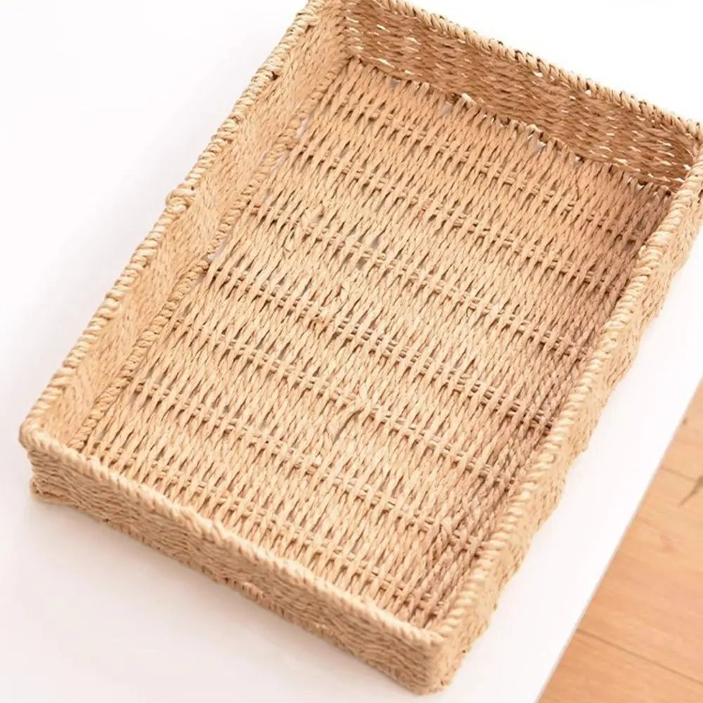 Rectangular Handmade Rattan Storage Baskets French Style Bow Weaving Storage Tray Reusable Bohemian Style Cosmetics Storage Box