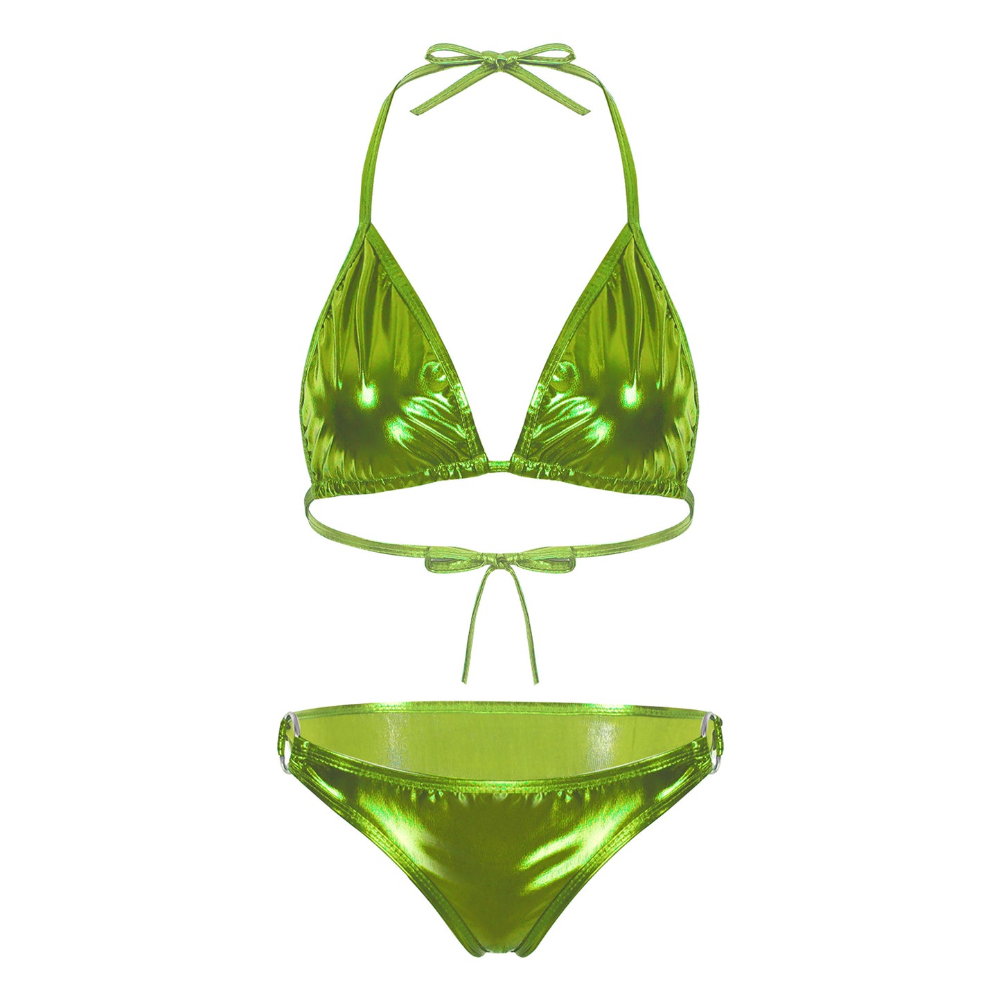 Womens Metallic Shiny Bikini Swimwear Pool Party Swimming Bathing Suit Halter Lace-up Bra with O Ring Briefs Bikini Swimsuit