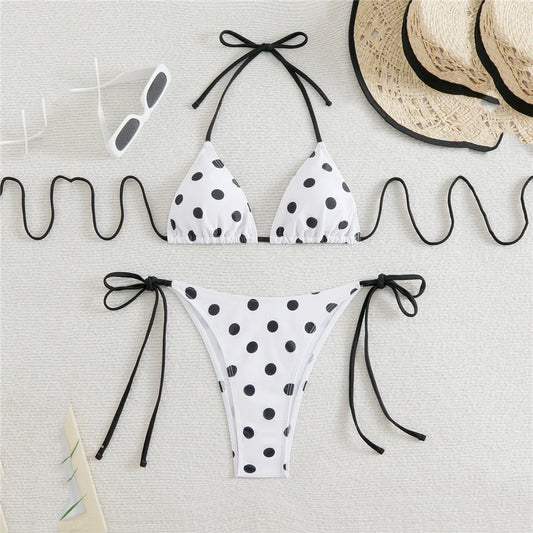 Polka Dot Print Sexy Swimsuit Halter String Thong Micro Bikini 2026 Women Lace-up Swimwear Triangle Bikinis Sets Swimming Suit