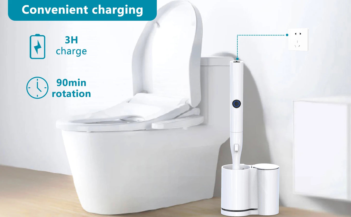 Household cleaning electric toilet brush and supporting set, including 5 disposable refill heads, suitable for bathroom use