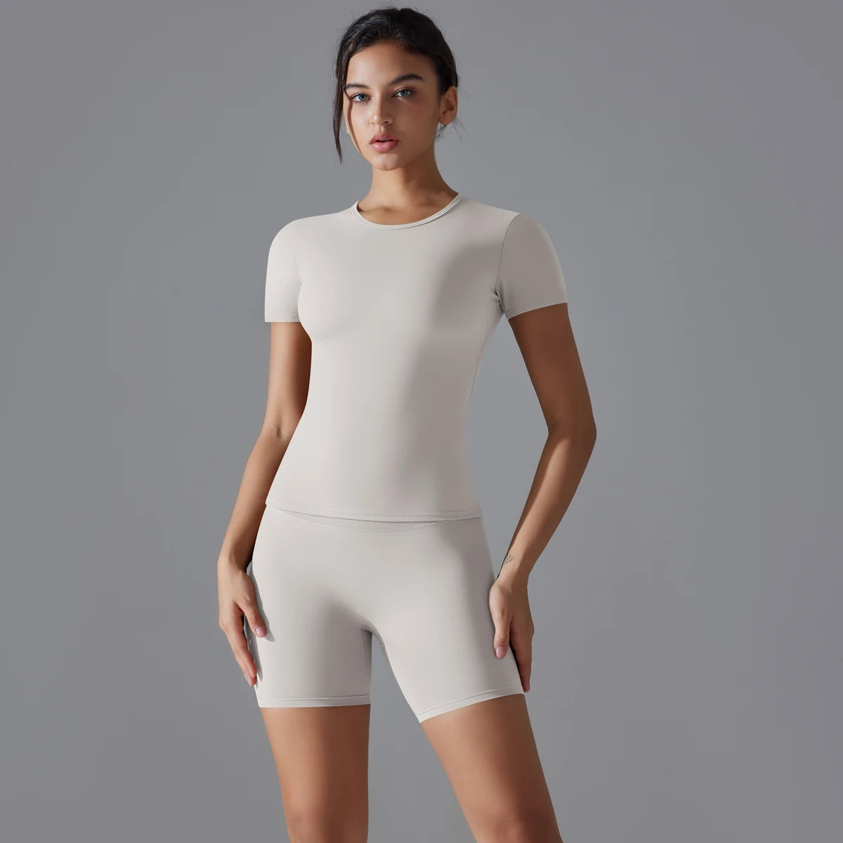Yoga Set Women Sports Short Sleeve Top With High Waist Leggings