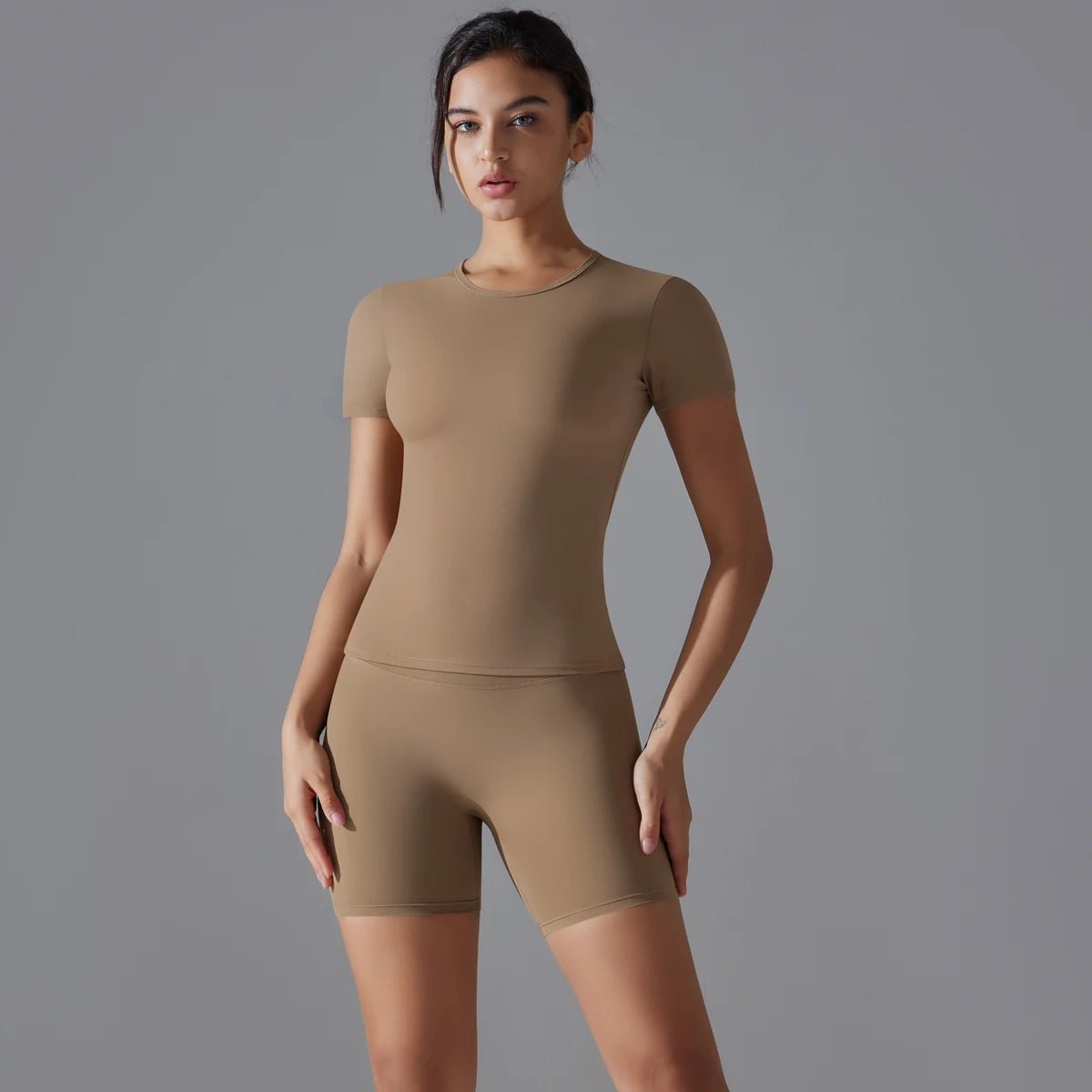 Yoga Set Women Sports Short Sleeve Top With High Waist Leggings