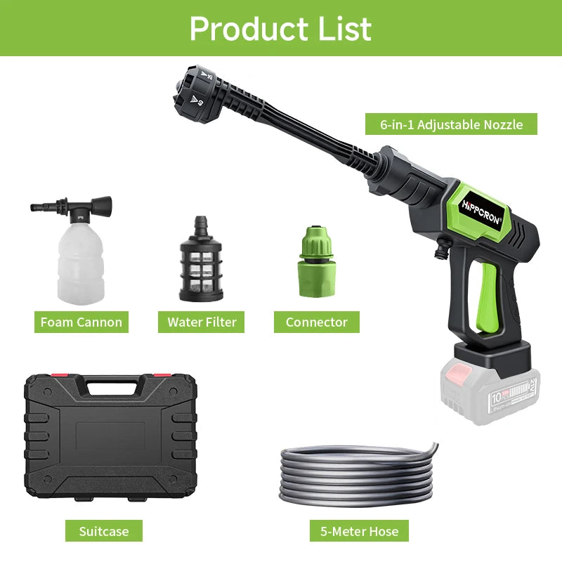 Hippcron Cordless Pressure Washer 1450PSI Portable Power Cleaning 6-in-1 Adjustable Nozzle All-in-One for Car Home Garden
