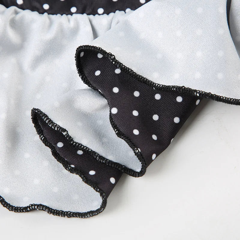 2025 Summer Vacation Beach 2 Piece Set Women Sexy Polka Dots Print Lace Up Halter Bra + Ruffles Micro Mini Skirts Swimsuit