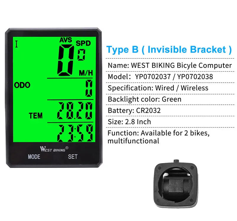 WEST BIKING Bike Compuer Stopwatch IPX6 Waterproof 2.8In Cycling Speedometer Wireless Multifuction 2 Backlight Modes Odometer