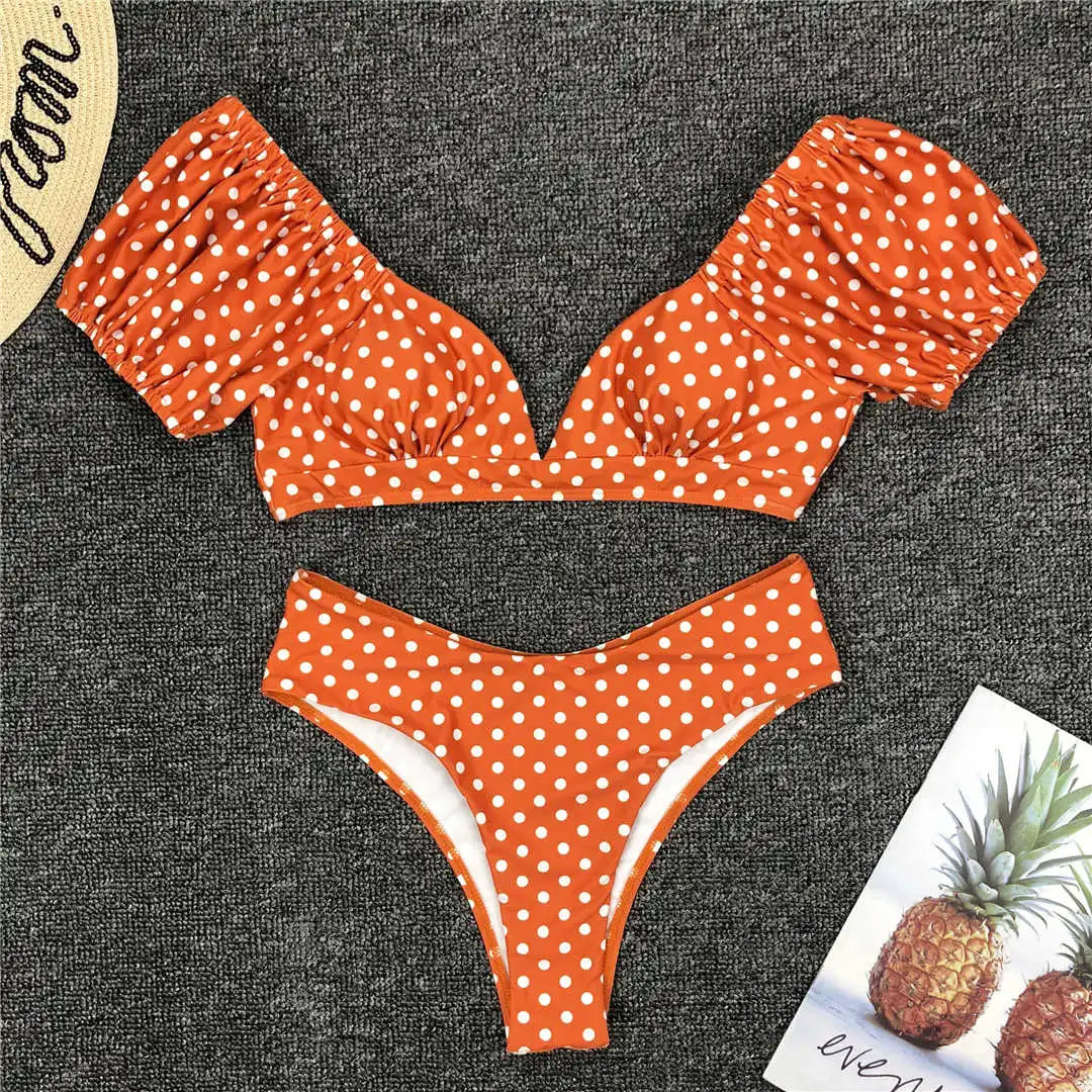 NEW Sexy Polka Dots V Neck Mid Waist Bikini Female Swimsuit Women Swimwear Two-pieces Bikini set Bather Bathing Suit Swim V1909