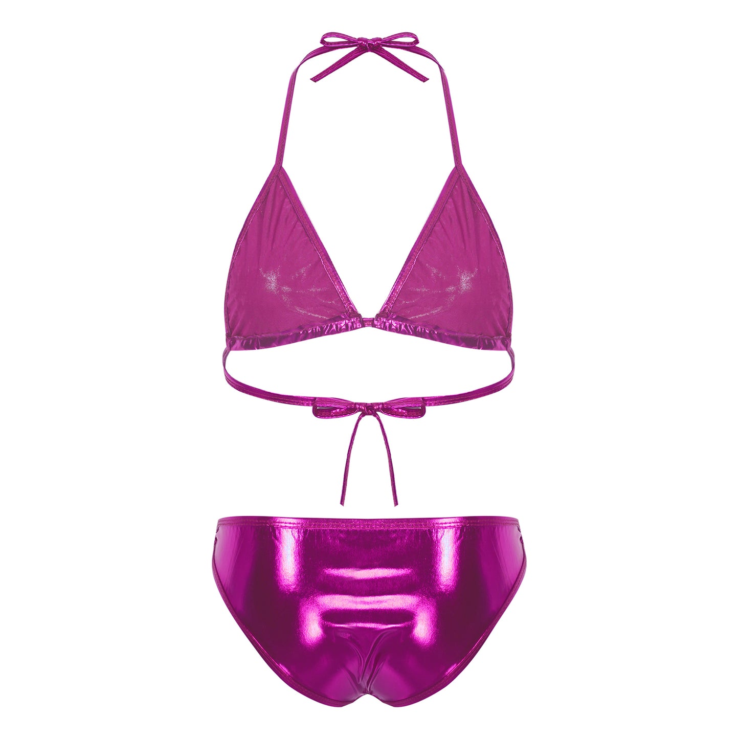 Womens Metallic Shiny Bikini Swimwear Pool Party Swimming Bathing Suit Halter Lace-up Bra with O Ring Briefs Bikini Swimsuit