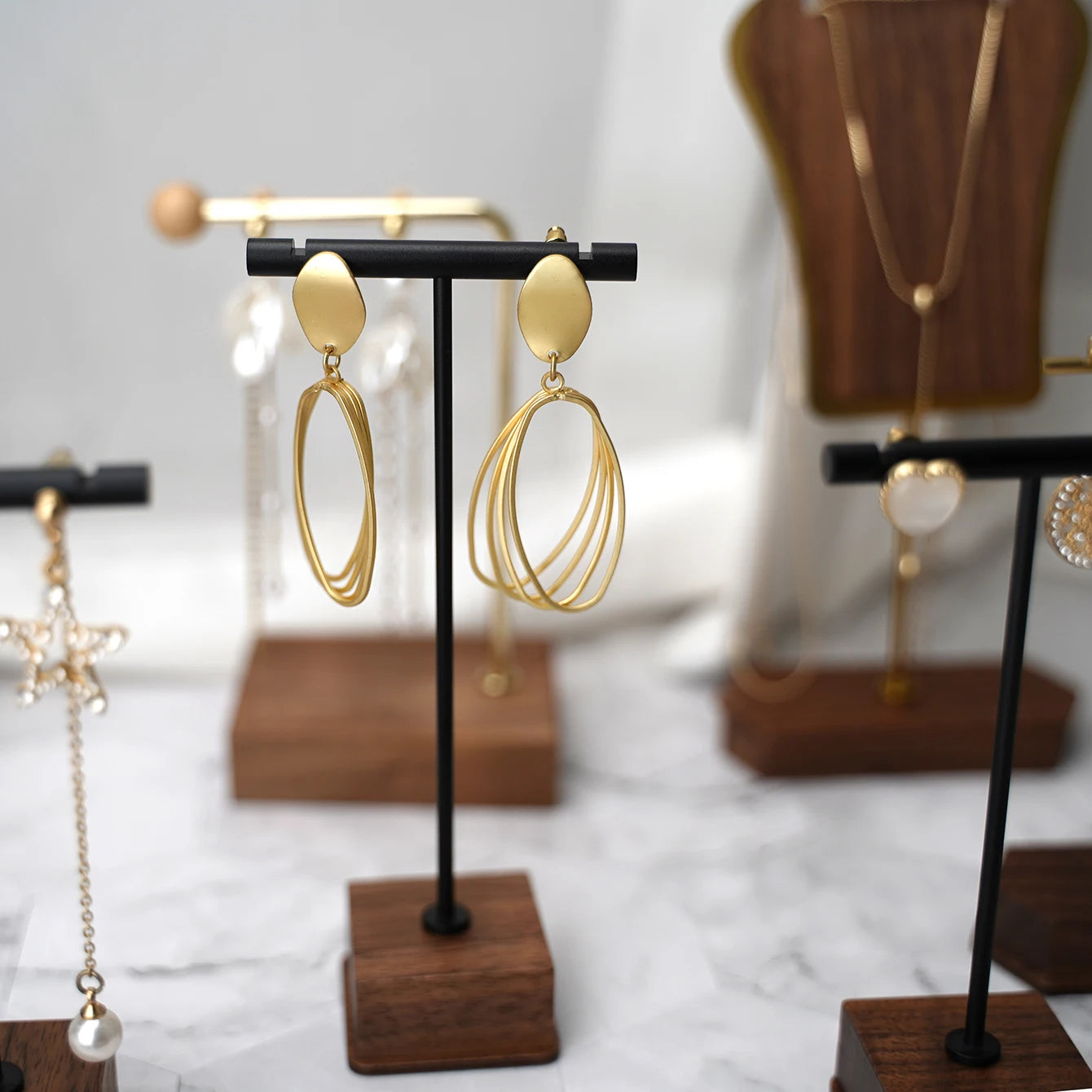 Multi - Use Jewelry Display Rack, Walnut Base Gold/Black Metal Top Rated Holder for Earrings/Necklaces, Loved by Boutique Owners