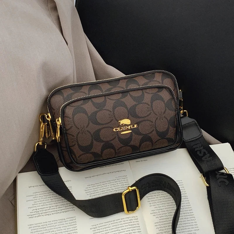 Original Circular-Pattern Logo Crossbody: Retro-luxury, durable fabric, adjustable strap. Ideal for daily/work/social use