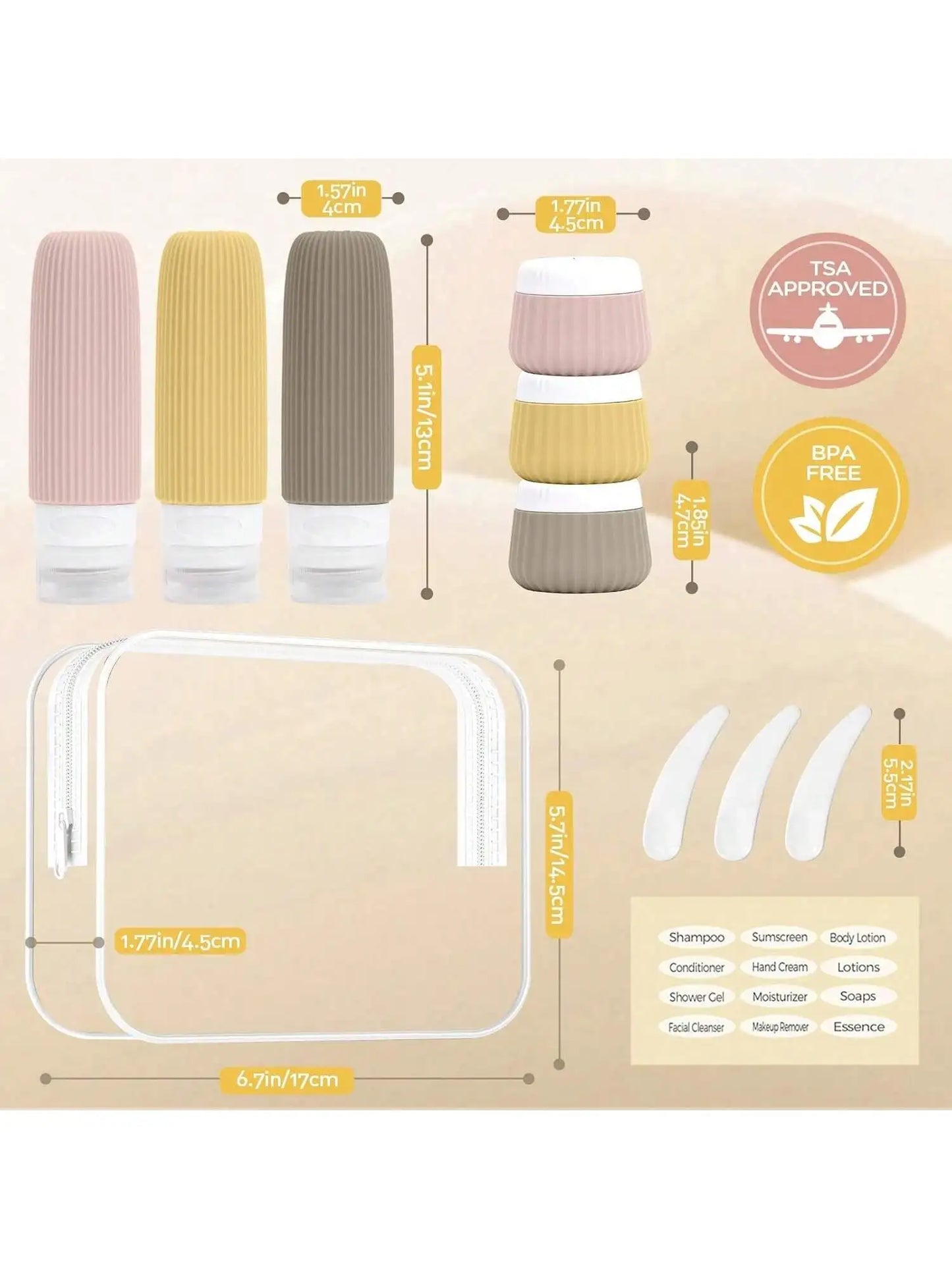 Travel Essentials Bottle Set of 6, Tsa Approved Travel Toiletry Container Set, 3 Silicone Leak-Proof Refillable Bottles and 3 Cream Jar Accessories Kit, Essential for Cruises and Travel Season