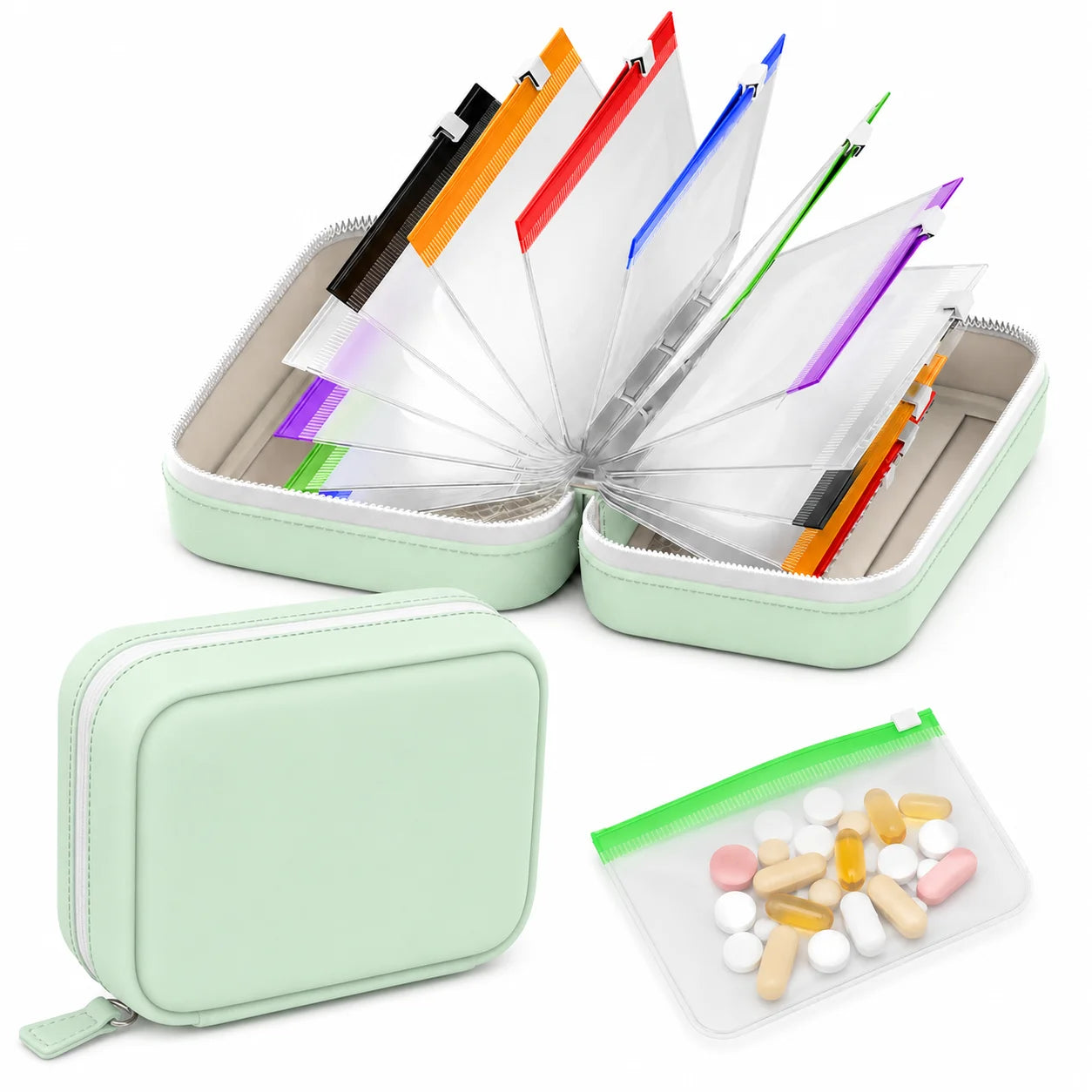 Travel Pill Organizer with 14 Reusable Zipper Pouches, Food Grade Silicone Case for Medicine and Daily Essentials