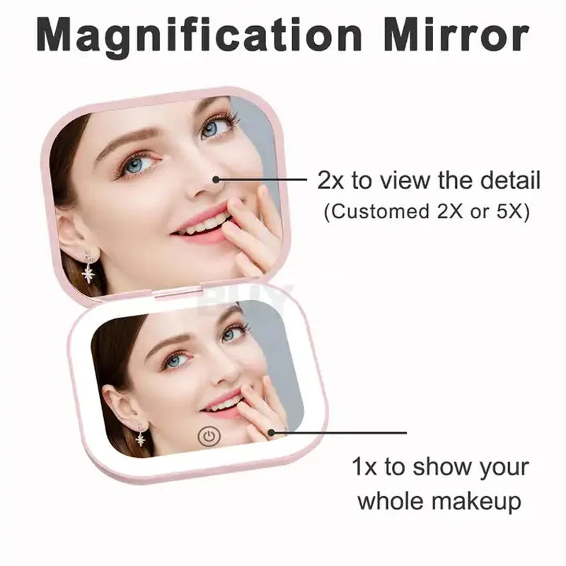 Compact, mini folding cosmetic mirror with lighting, portable, handheld, small pocket travel cosmetic mirror with a magnificatio
